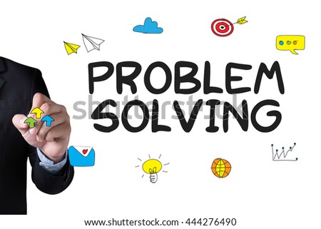 PROBLEM SOLVING and Businessman drawing Landing Page on white background