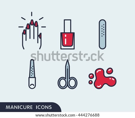 Set of manicure simple icons. Hand with painted nails, nail polish in bottle, plastic nailfile, metal nailfile, manicure scissors, blots of nail polish. Nail art