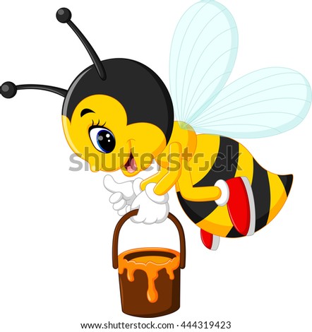 flying Bee cartoon holding honey bucket