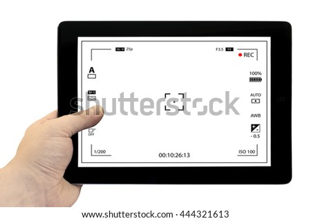 Tablet photography concept. Taking pictures on a tablet. Empty tablet PC in hand isolated on white. Modern digital white camera focusing screen with settings