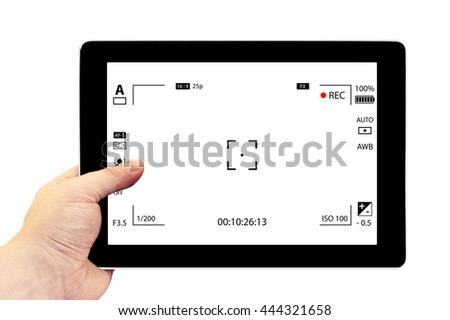 Tablet photography concept. Taking pictures on a tablet. Empty tablet PC in hand isolated on white. Modern digital white camera focusing screen with settings