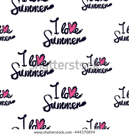 Summer beach vector seamless pattern with I love summer lettering. Sunny bright ocean beach elements for vacation in american style. Hand draw vector illustration.