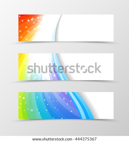 Set of banner rainbow design. Shiny banner for header in rainbow color with blue lines and white stars. Design of banner in wavy spectrum style. Vector illustration