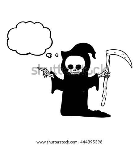 freehand drawn thought bubble cartoon death with scythe