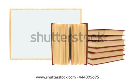 Blank White Board Open Hardcover Stack Books isolated on white background