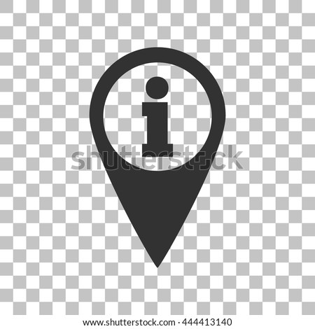 Map pointer with information sign. Dark gray icon on transparent background.