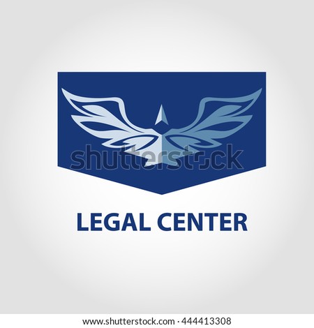 Template logo for legal, notary organization. Illustration for jurist center. View eagle on blue background. 