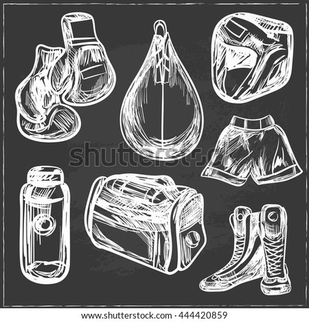 Hand drawn Set of boxing equipment. Isolated vector illustration for identity, design, decoration, packages product and interior decoration