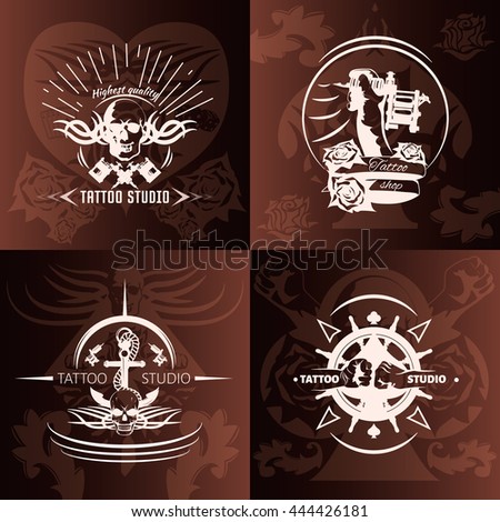 Tattoo studio compositions with white emblems with transparent elements on brown background with pattern isolated vector illustration
