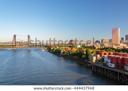 View of Portland, Oregon and the Willamette River with the Steel Bridge and downtown visible