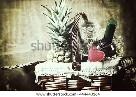 basket with wine love heart shape
