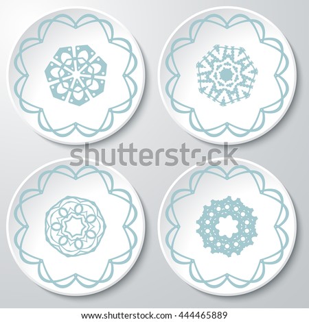 Vector set of round plates. Collection of isolated round shaped labels. Various borders at the edges and in the center of vector plates.