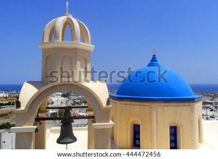 Dome and tower bel in Satorini island, Greece