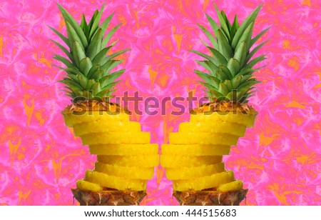 Two partying pineapples with psychedelic pink, pineapple skin abstract background. Two pineapples sliced and rebuilt.