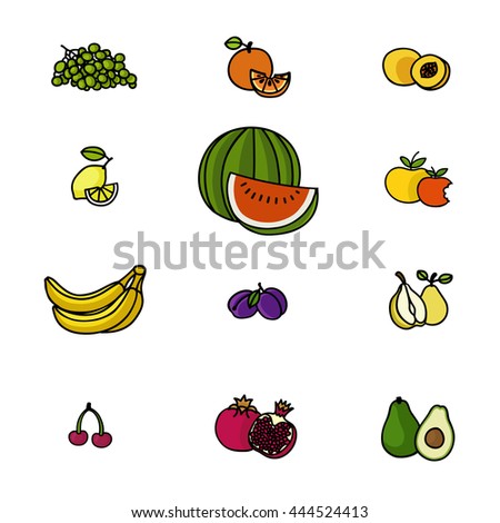 Fresh fruits set. Hand drawn fruits made in vector and color on white background.