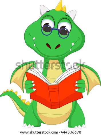 cute green dragon reading a book
