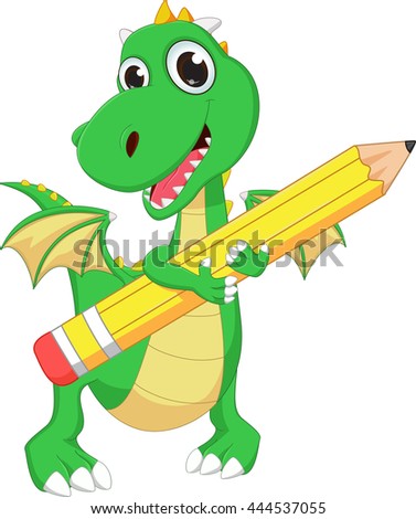 cute green dragon with pencil