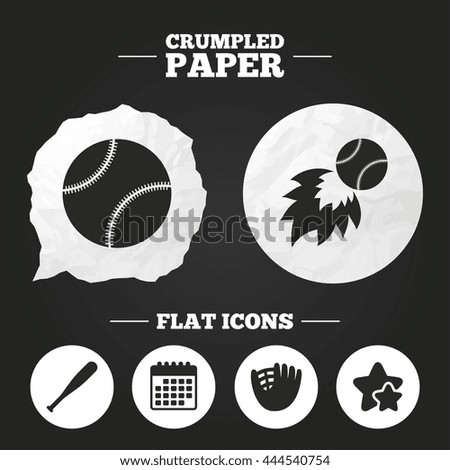 Crumpled paper speech bubble. Baseball sport icons. Ball with glove and bat signs. Fireball symbol. Paper button. Vector