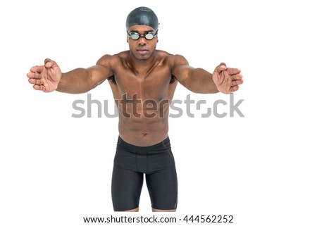 Swimmer ready to dive on white background