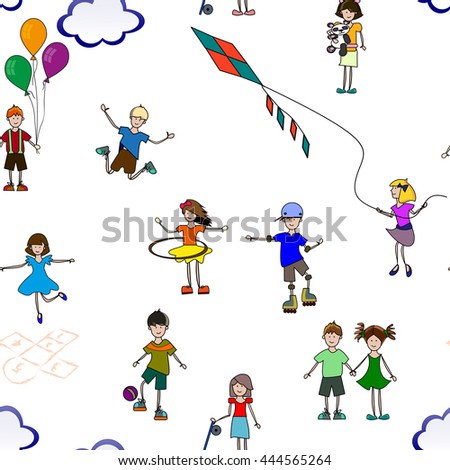 seamless pattern of children play and do sports in summer