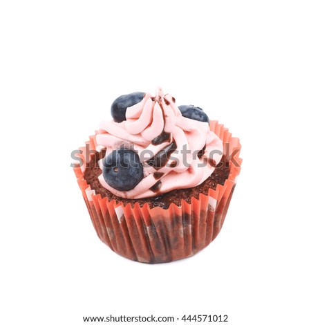 Single chocolate muffin coated with the pink cream frosting and fresh bilberries, composition isolated over the white background