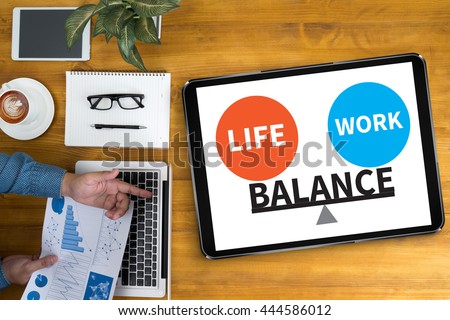 BALANCE Businessman working at office desk and using computer and objects, coffee, top view,