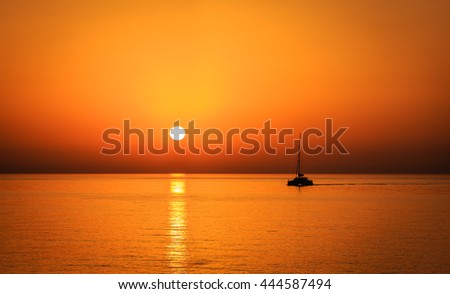 A sunset view from the Palm Jumeira island in Dubai Royalty-Free Stock Photo #444587494