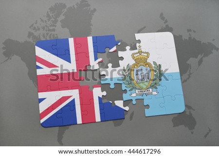 puzzle with the national flag of great britain and san marino on a world map background