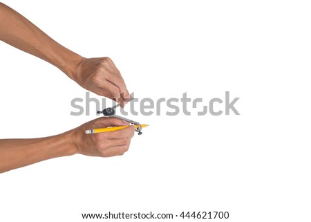 Close up engineer young man hands holding compass tools isolated on white background, top view photography.