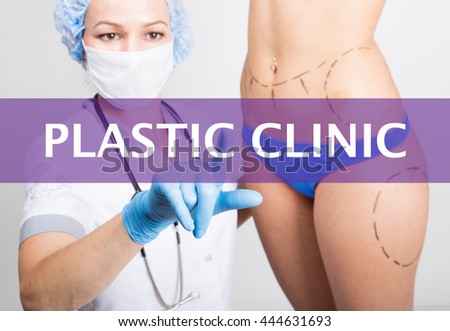 technology, internet and networking in medicine concept - medical doctor presses plastic clinic button on virtual screens. cosmetic surgery, lifting and breast augmentation