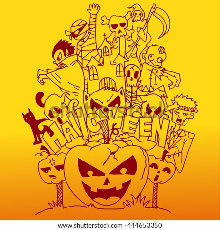 Halloween doodle art with orange backgrounds illustration