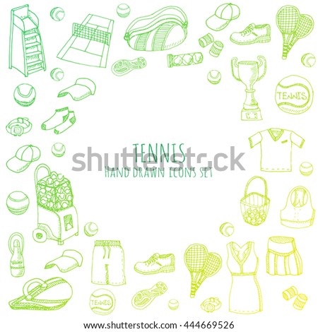 Hand drawn doodle Tennis game set Vector illustration tennis equipment Sport symbols Isolated icons collections Cartoon tennis concept elements Racket, tennis ball, tennis dress, shoes, tennis court