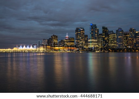 View of Coal Harbour and Canada Place in Downtown Vancouver, British Columbia (BC), Canada, after Sunset.