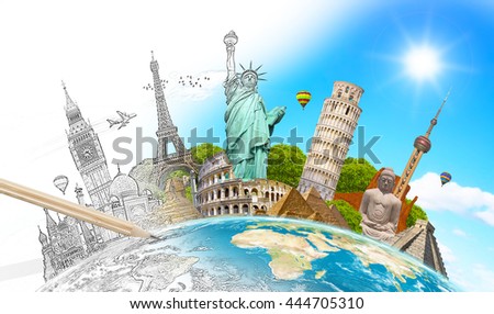 Famous landmarks of the world with hand-drawn effect 'elements of this image furnished by NASA' '3D rendering'