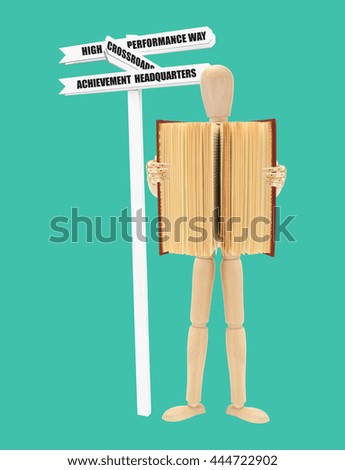 Open Book Street Sign (High Performance Way, Crossroads, Achievement Headquarters) Wood Mannequin isolated on green background