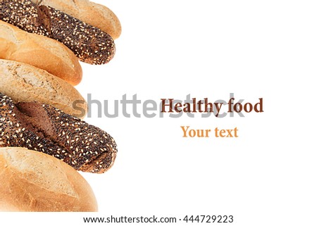 Baguette bread of different varieties on a white background. Rye, wheat and whole grain bread. Isolated. Decorative frame of bread. Food background. Copy space.