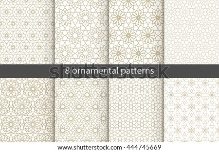 Set of ?ight oriental patterns. White and gold background with Arabic ornaments. Patterns, backgrounds and wallpapers for your design. Textile ornament. Vector illustration.