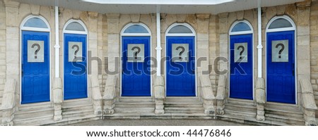 Six identical closed doors with question mark symbols on them.