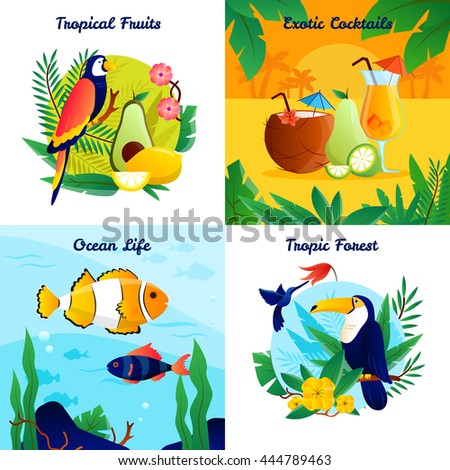 Tropical design concept with fruits exotic cocktails ocean life vector illustration 