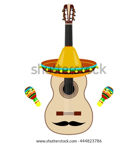 vector Mexican sombrero with maracas and a guitar and a mustache