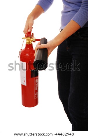 Woman holding fire extinguisher isolated on white