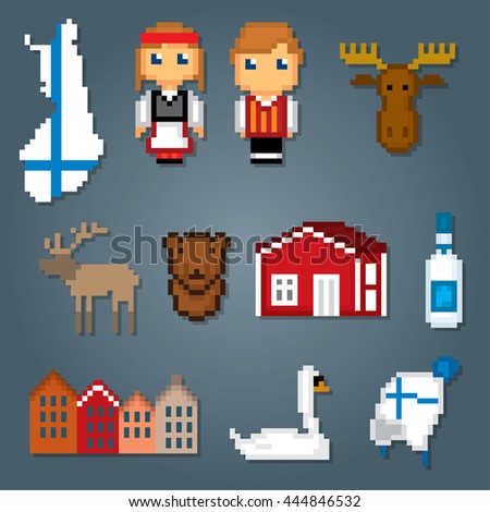 Finland icons set. Pixel art. Old school computer graphic style. Games elements.