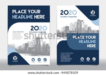 Blue Color Scheme with City Background Business Book Cover Design Template in A4. Easy to adapt to Brochure, Annual Report, Magazine, Poster, Corporate Presentation, Portfolio, Flyer, Banner, Website. Royalty-Free Stock Photo #444878509