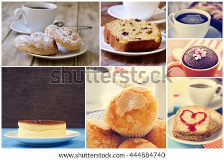 a collage of set pictures of different sweet food served with coffee or tea, such as a some spanish ensaimadas, a cheesecake, a chocolate mug cake, an apple pie or some muffins