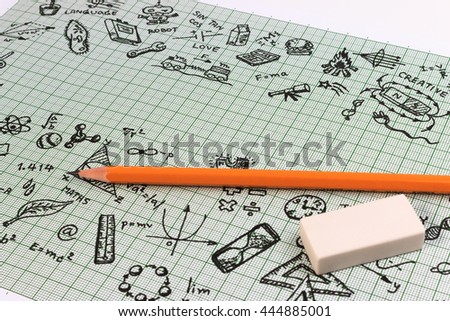 Education sketch design on notebook with copy space. Education concept thinking doodles icons set. School background of education icons set.