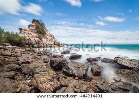 Long exposure seascape photography and cloudy at Sattahip Thailand.The name in this location is "Nam Sai beach" in Sattahip naval Base. 