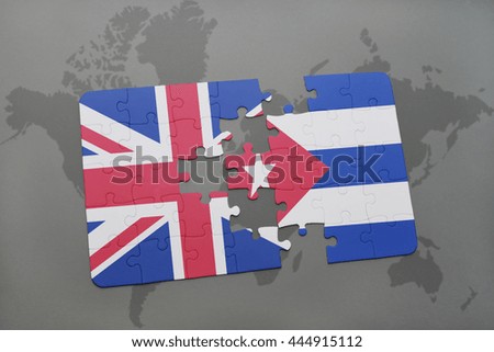 puzzle with the national flag of great britain and cuba on a world map background.
