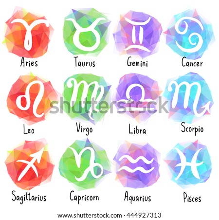 Set of zodiac signs icons with captions. Horoscope set. Simple hand drawn astrology symbols with cute bright backgrounds
