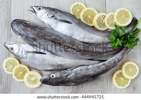 Raw cod fish with lemon slices and parsley leaves, flat lay.