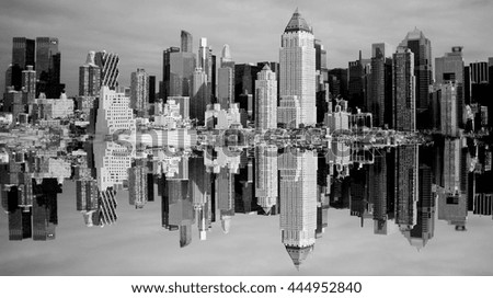 black and white scene of modern city skyline background. new york urban metropolis scenery. high rise real estate apartment buildings